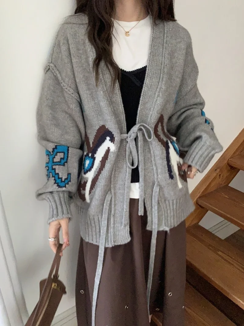 Retro Farbe Blo Strickjacke Mantel frauen Herbst Winter Neue Faul Sle Lose Vielseitig Pullover Mit Gürtel Offenen Sle