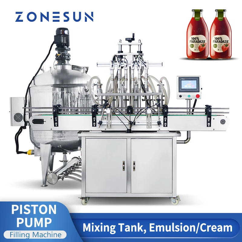 ZONESUN Automatic Filling Machine Mixing Tank Emulsifying Blender Piston Pump Cosmetic Detergent Shampoo Juice Bottle ZS-YT6T-6V