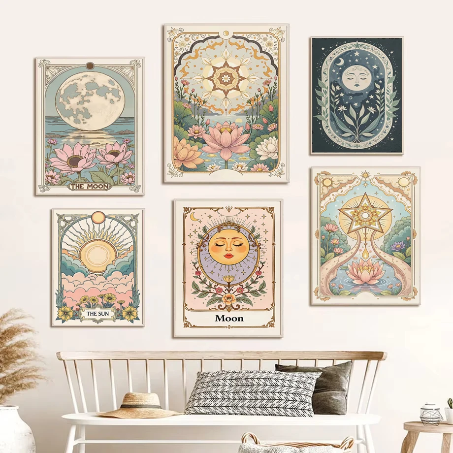 Böhmische Tarot-Kunst, Wandkunst, Sonne, Mond, Blumenlandschaft, Leinwanddruck, Poster, Zuhause, Schlafzimmer, Wohnzimmer, Büro, Dekor, perfektes Geschenk