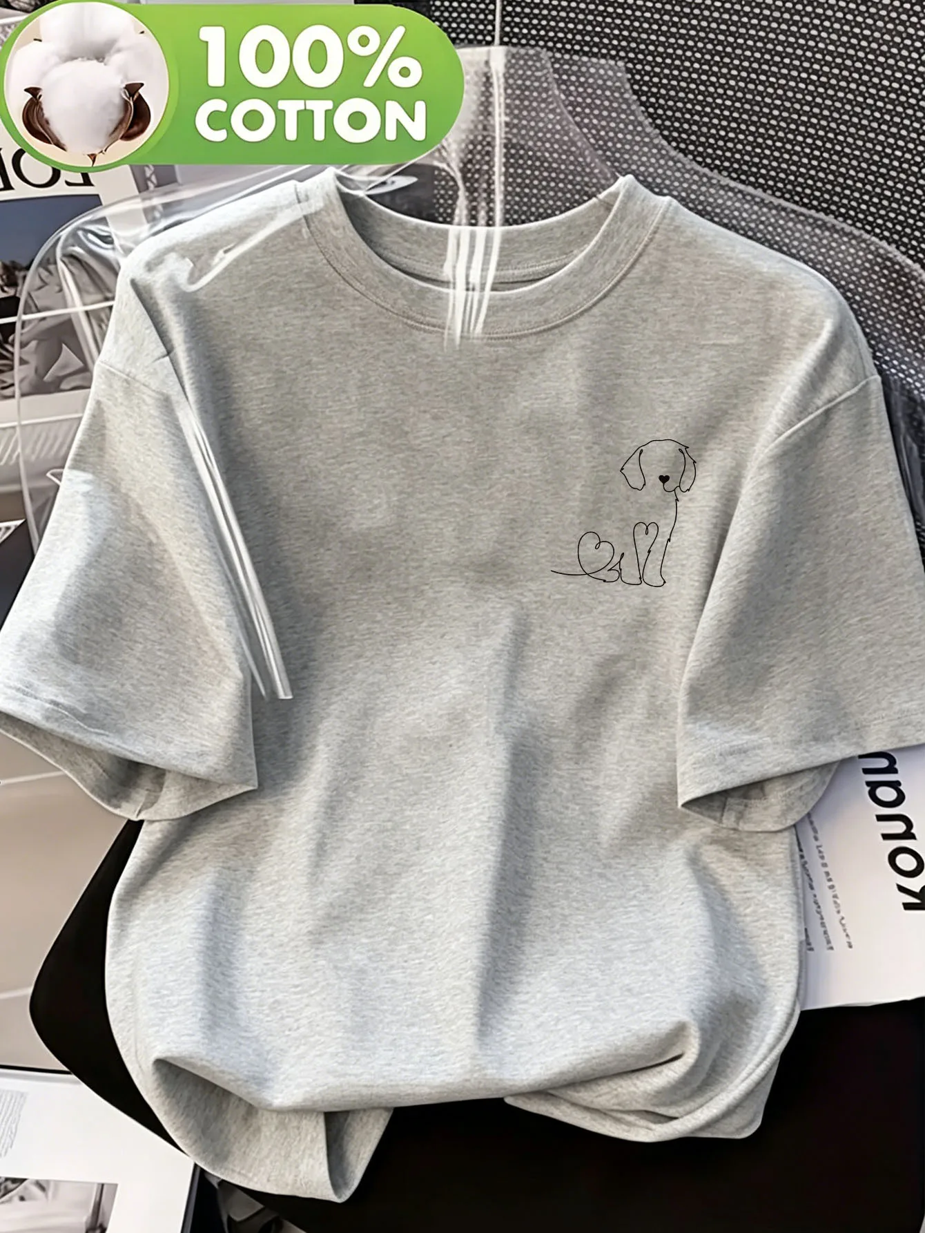 Ladies' Heart-shaped Silhouette Dog Logo T-shirt with Simple Lines 'Heart-shaped Design Dog' Print Breathable Casual T-shirt
