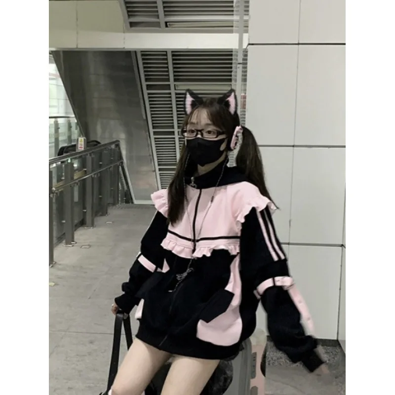 Japanese Kawaii Zip Up Hoodie Coats Y2k Hoodie for Women Autumn Winter Color Block Fake Two Pieces Thick Oversized Baggy Hoodie