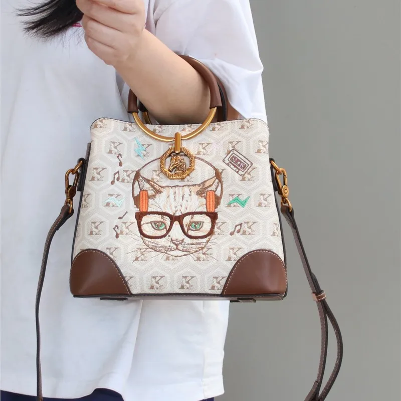 

Модные новые женские сумки 2025 года — ретро-мультяшный дизайн с вышивкой совы, пригородная сумка-ведро большой вместимости