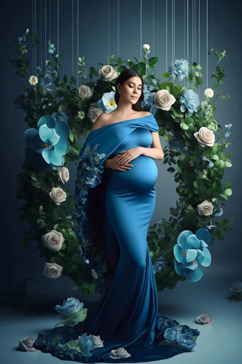 Royal Blue Satin Off Shoulder Long Mermaid Maternity Dresses for Evening Party Lapel Shawl and Hemline with Manually 3D Flowers