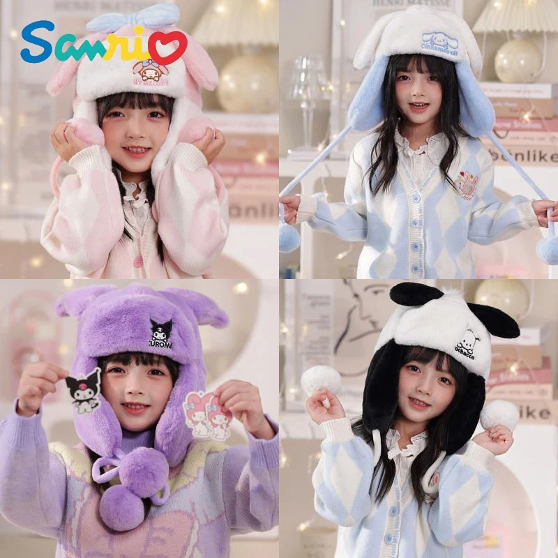 Anime Kawaii Sanrios Cinnamoroll My Melody Kuromi Pochacco Cute Cartoon Kids Ear Protection Hats Winter Plush Girl Warm Hat Gift