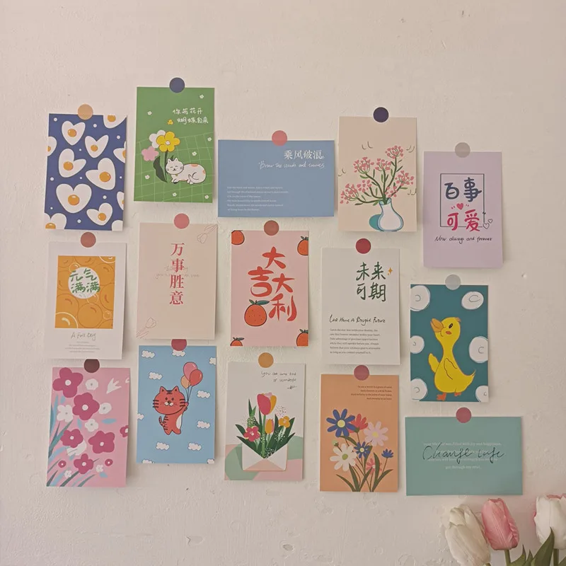 Ins 만화 귀여운 다채로운 장식 카드, 축복 단어 인사 카드 배경 벽 스티커, 사진 소품 엽서, 15 매