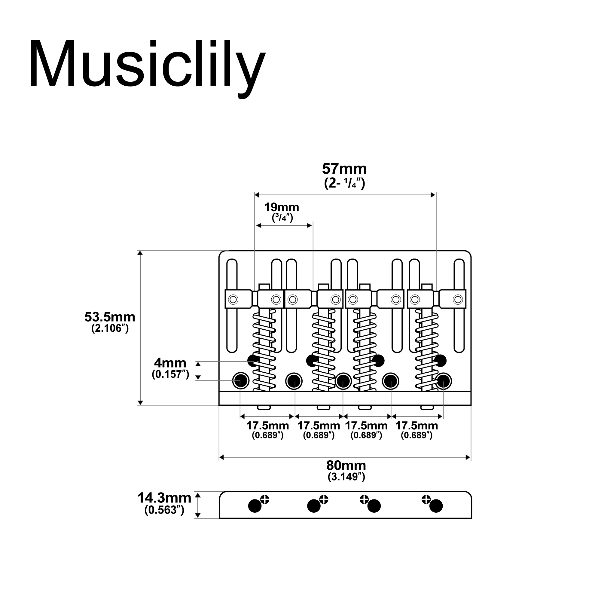 Musiclily Pro 57mm (2-1/4 inch) String Spacing Hardtail Brass Saddles Zinc Alloy Plate 4-String Bass Bridge