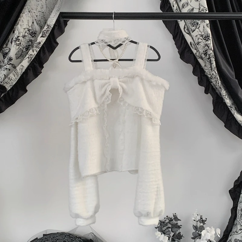 اليابانية Rojita نمط الحلو لطيف Dailywear Y2k تريكو البلوز السيدات طويلة الأكمام سترة أبيض وردي أسود 3 الألوان المتاحة #3