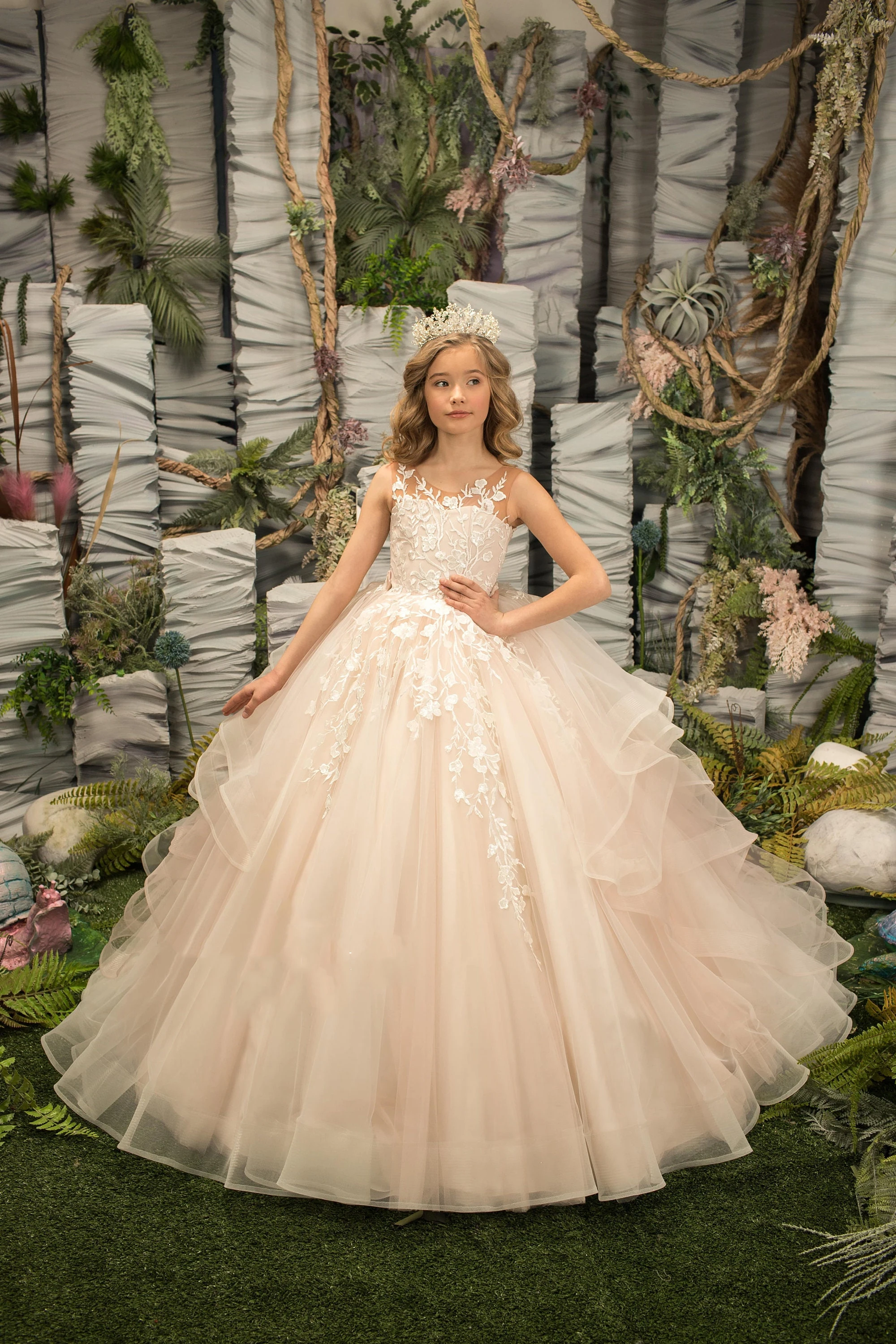 Vestido floral personalizado para casamento, tule, apliques inchados, comprimento até o chão, princesa, festa de aniversário infantil, primeira comunhão, vestidos de baile