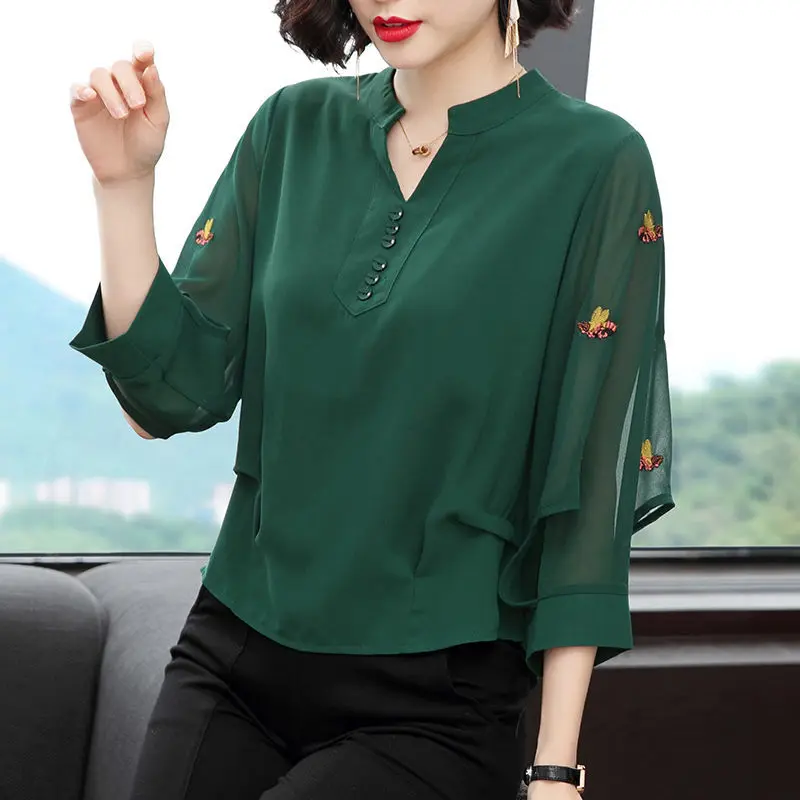 2024 Spring POLO Collar Seven Quarter Sleeve Top, Mom\'s Loose Embroidered Chiffon Shirt Stylish Pullover Sweater