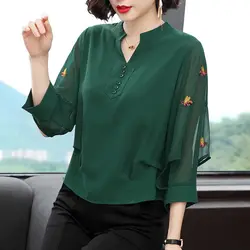 2024 Spring POLO Collar Seven Quarter Sleeve Top, Mom's Loose Embroidered Chiffon Shirt Stylish Pullover Sweater