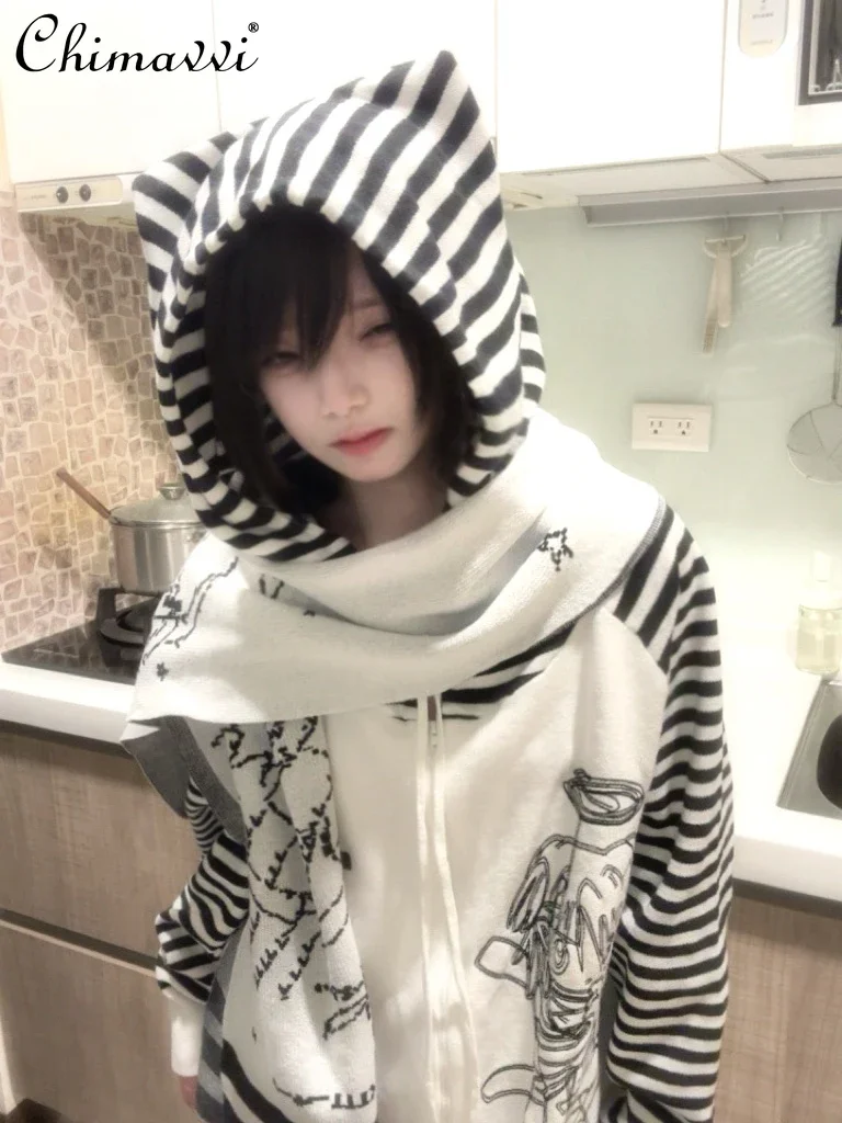 Original Japanese Black and White Striped Subcultural Cat Ear Hood Sweater Autumn Winter Long-sleeved Printed Loose Cardigan