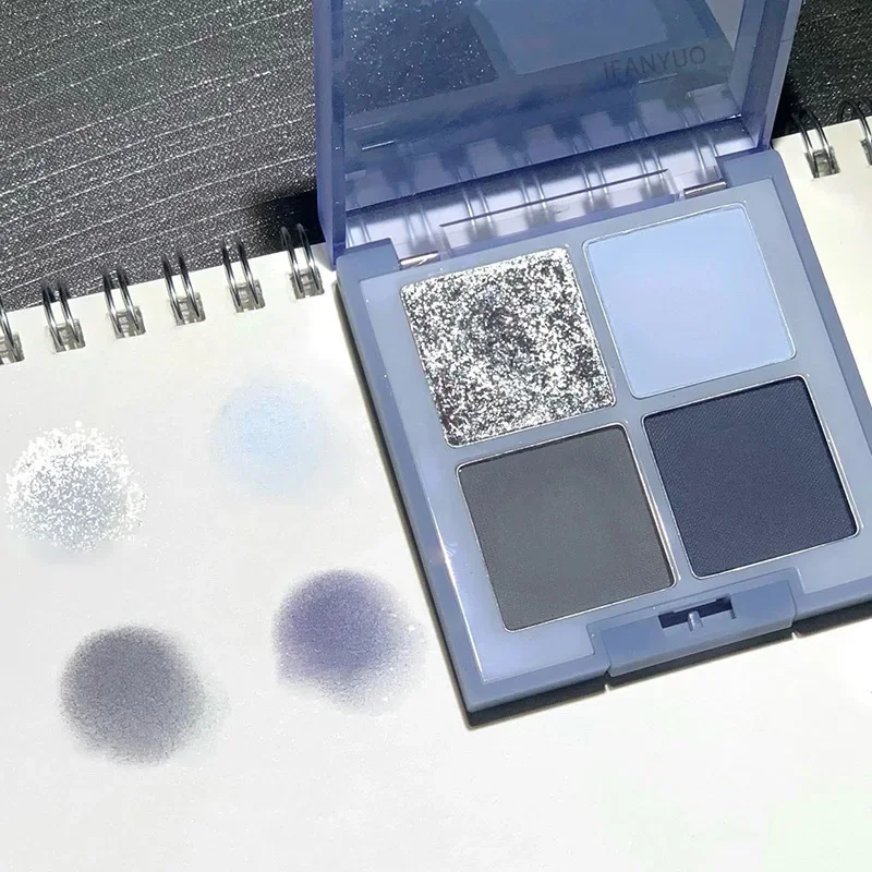 4-kleuren glitter blauw oogschaduwpalet mat fijn flits acryl oogschaduwpalet langdurige waterdichte oogmake-up cosmetica