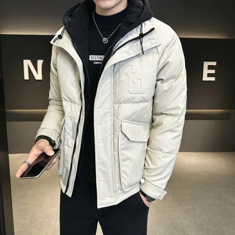 Luxury PU Leather Down Jacket Men Winter Warm White Duck Down Coat Windproof Jacket Hooded Short Tops Long Sleeve Jackets Trends