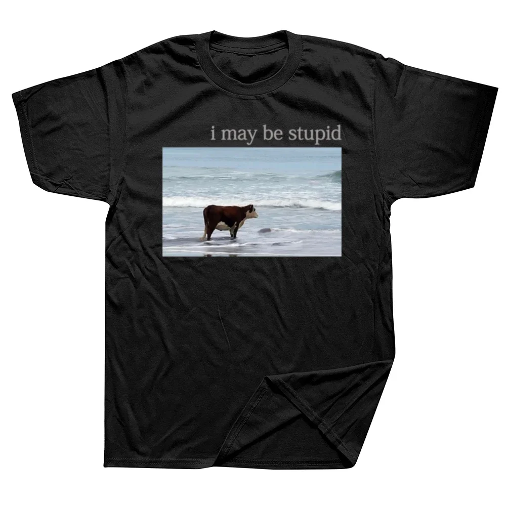 

I May Be Stupid Cow on Beach Funny Meme T Shirt Men's Fashion O-Neck Short Sve T-shirt Casl Cotton Oversized T Shirts