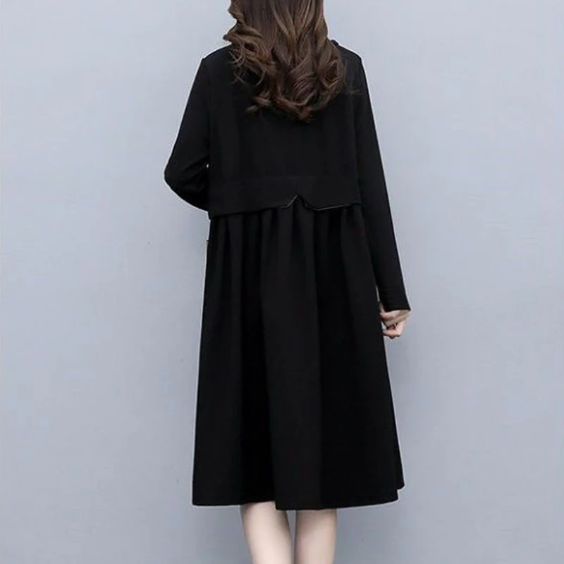 Women Korean Fashion High Collar Oversize Elegant Dresses Autumn Winter Casual Black Velvet Thick Long Sleeve Pockets Midi Dress