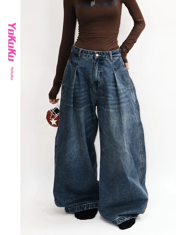 

Cool Paris Tower Vintage Low Waist Wide Leg Jeans Women's Washed Slimming High Risen Denim Jeans American Style Cotton Stretch