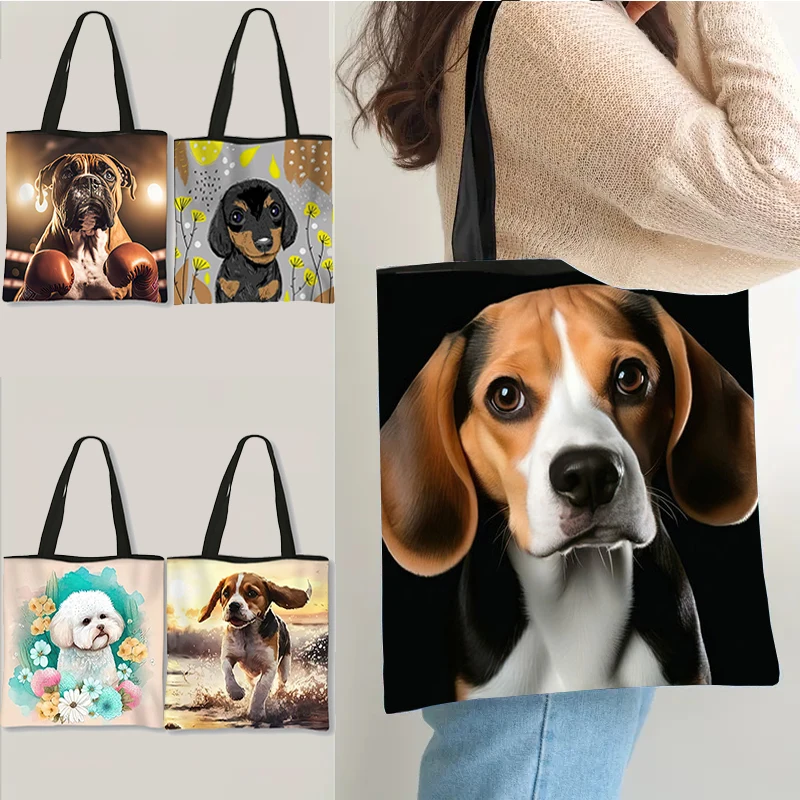 Kawaii Beagle / Boxer Dog / Bichon Frise Print Shoulder Bag Women Totes Bags Casual Handbag Large Capacity Reusable Shopper Bags