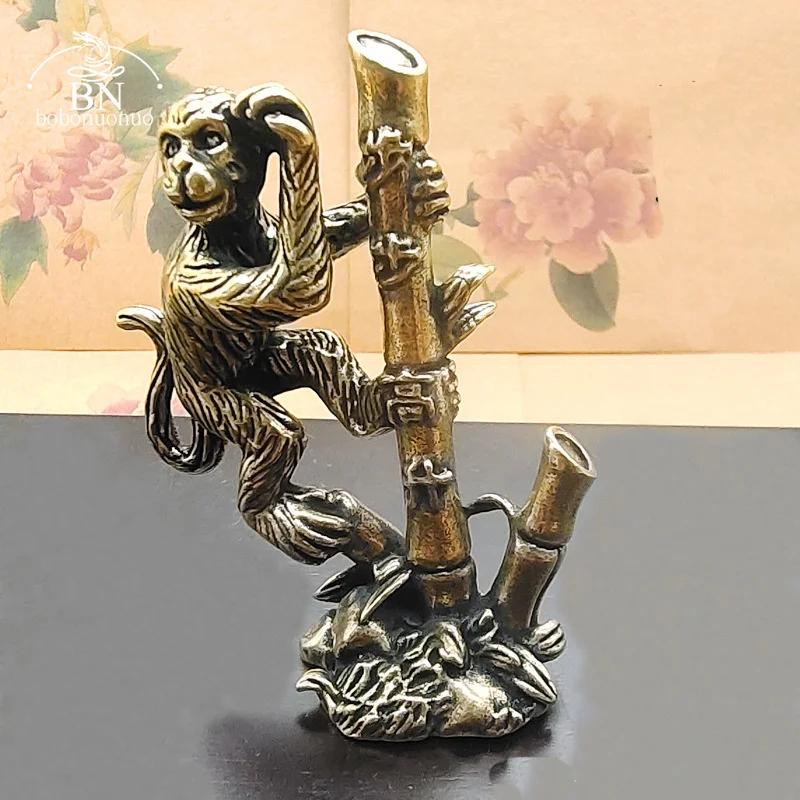 Brass Monkey Climbing Bamboo Pole Small Ornament Zodiac Animal Figurines Feng Shui Home Decor Crafts Desk Decoration Accessories