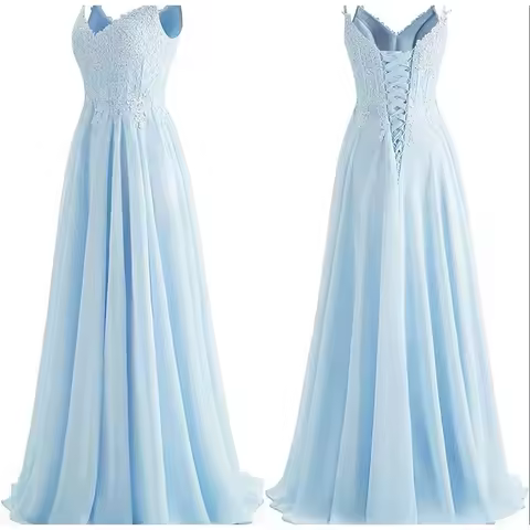 V Neck Bridesmaid Dress Long Lace Appliques Spaghetti Straps Chiffon Formal Evening Dress Party Gown