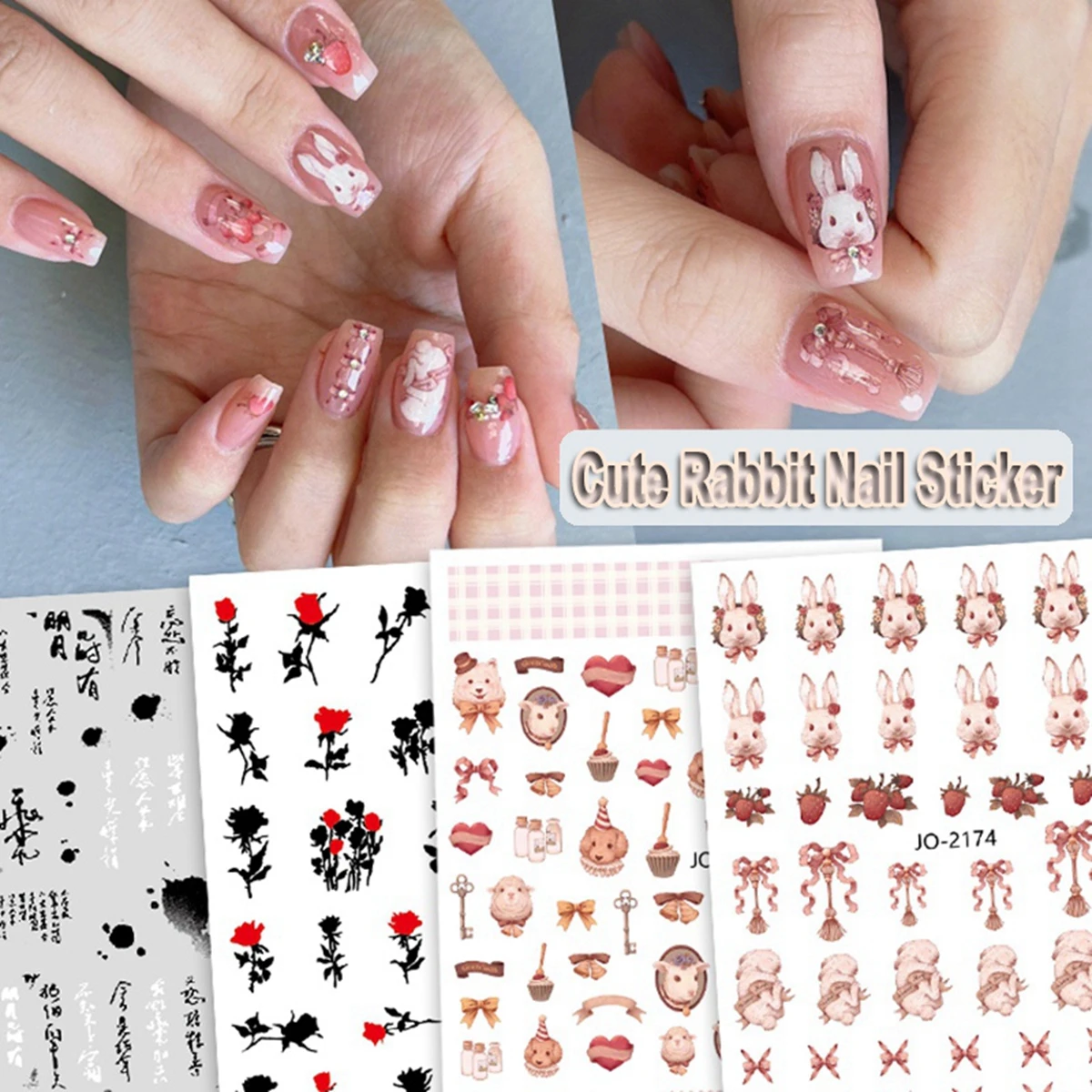 Strawberry Nail Art Stickers Sweet Bunny Retro Bow Cute Girl Rose Design Nail Decoration Decals