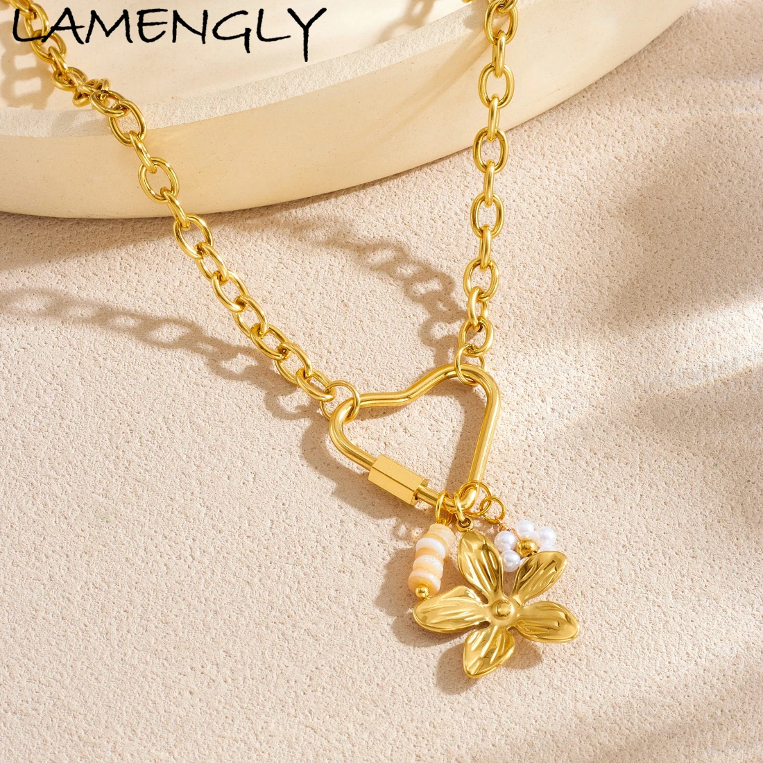 LAMENGLY 316L الفولاذ المقاوم للصدأ الإبداعية القلب قفل اللؤلؤ زهرة قلادة قلادة سيدة بسيطة الاتجاه سلسلة عنق هدايا مجوهرات الحفلات