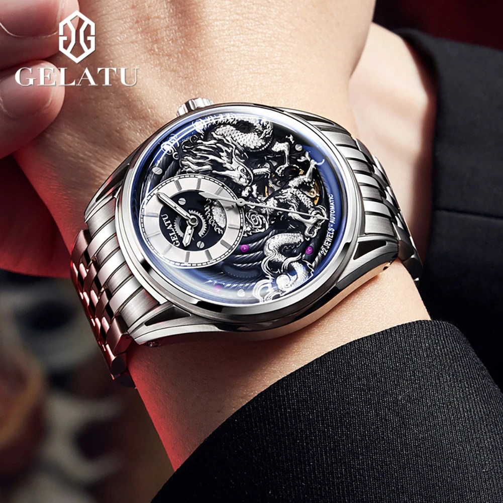 GELATU 6018 Hollow Dragon Mechanical Watch For Men Luxury Deep Waterproof Business Hand Clock Synthetic Sapphire Mirror Watches