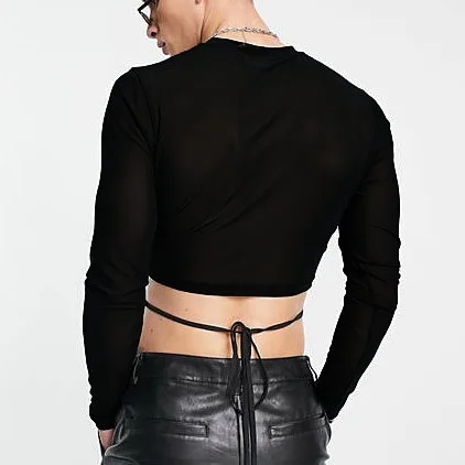 Slightly Transparent Sexy Inner Top Men, Niche Design Sense Straps Long-sleeved Short Fashion T-shirt