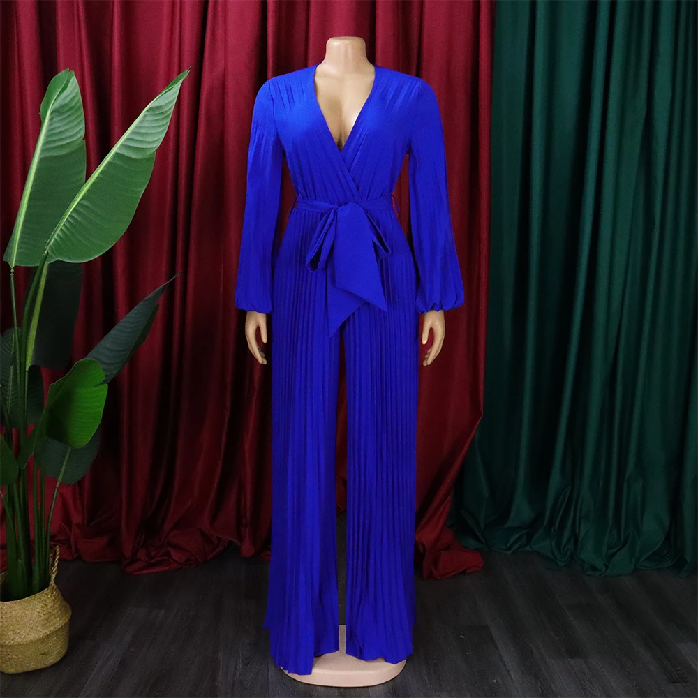 Elegant Jumpsuits & Rompers Pleated for Women V Neck Full Sleeve Belt Waisted Luxury Birthday Party Dinner Overalls Cloth Outfit