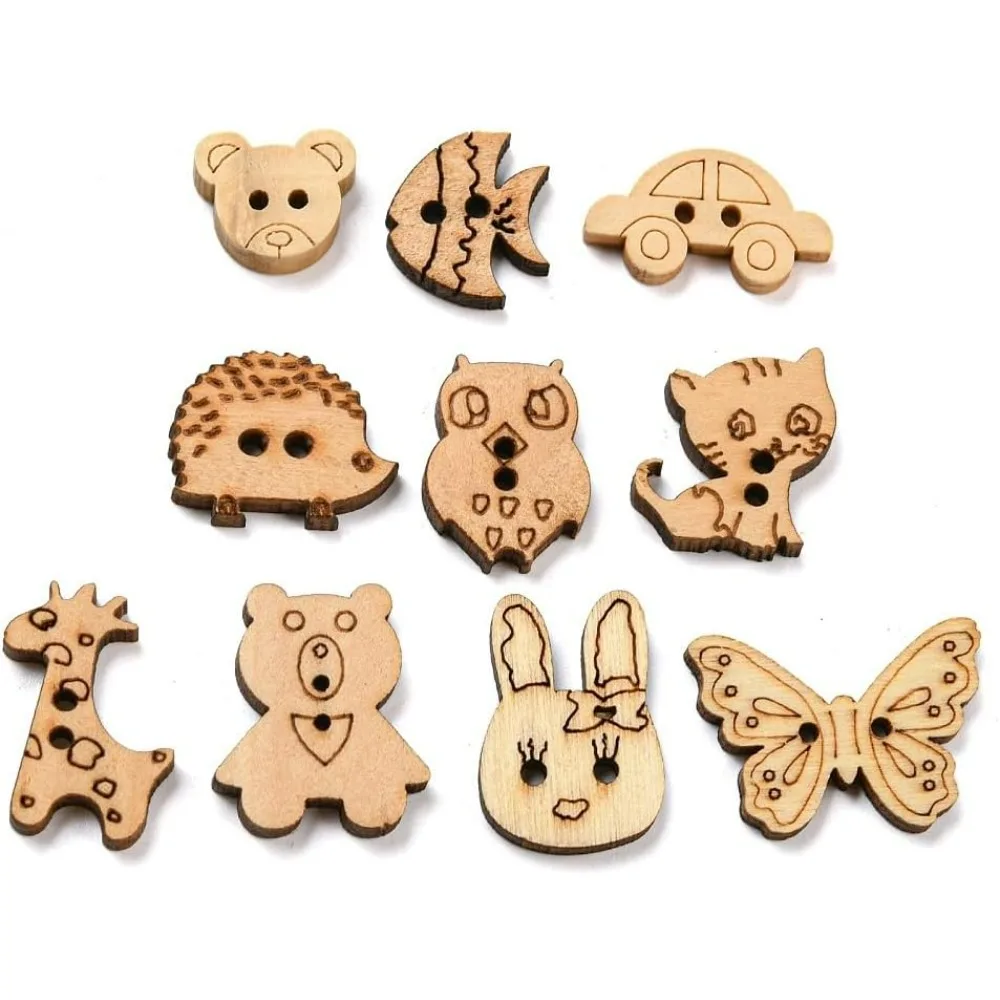 100 Pcs Animal Style Wooden Sewing Buttons 2-Hole Rabbit Butterfly Bear Sewing Buttons Unfinished Wood Decorative Buttons