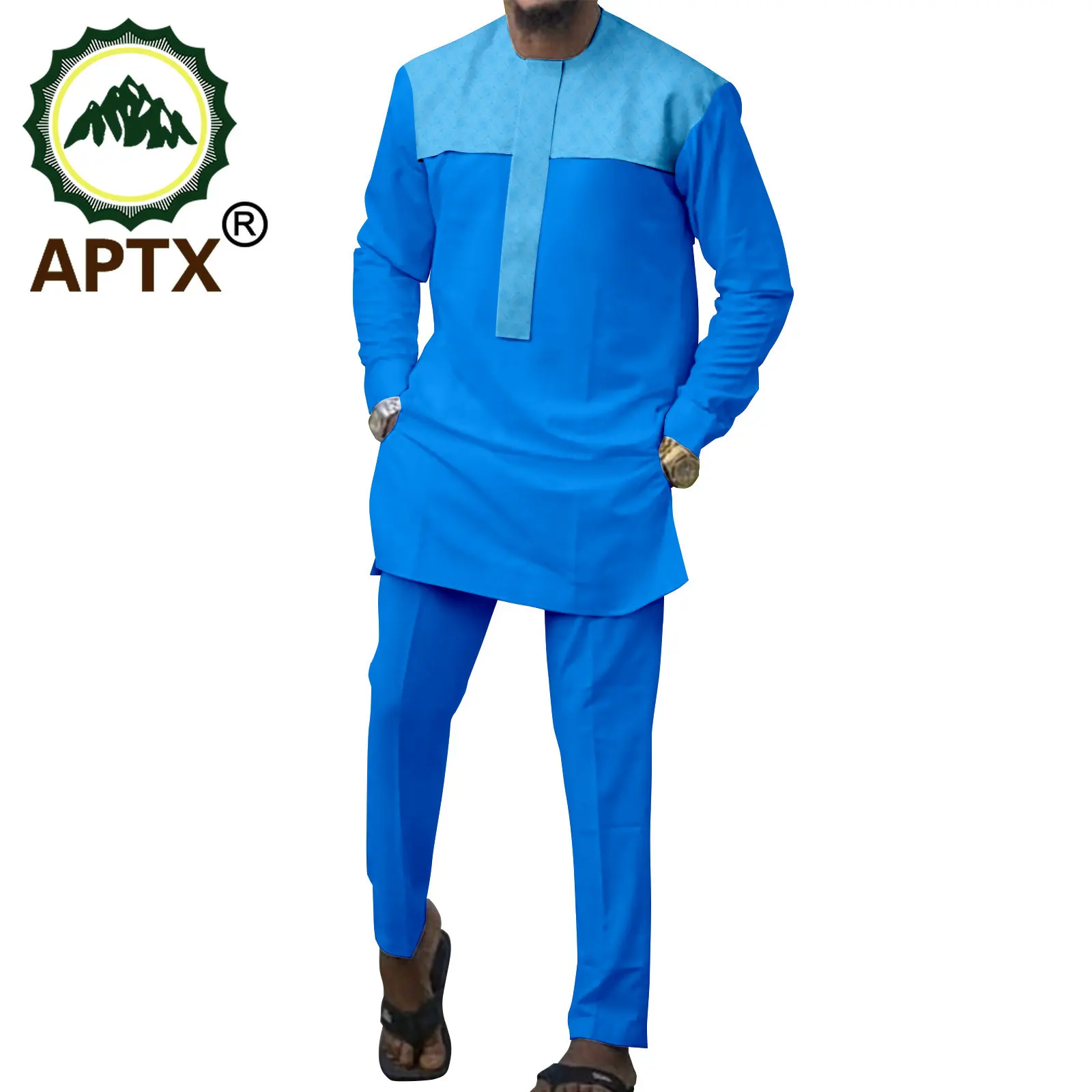 

APTX African Clothes for Men 2 Pieces Tracksuit Patchwork Top + Full Length Slim Pants Casual Suit TA2316003