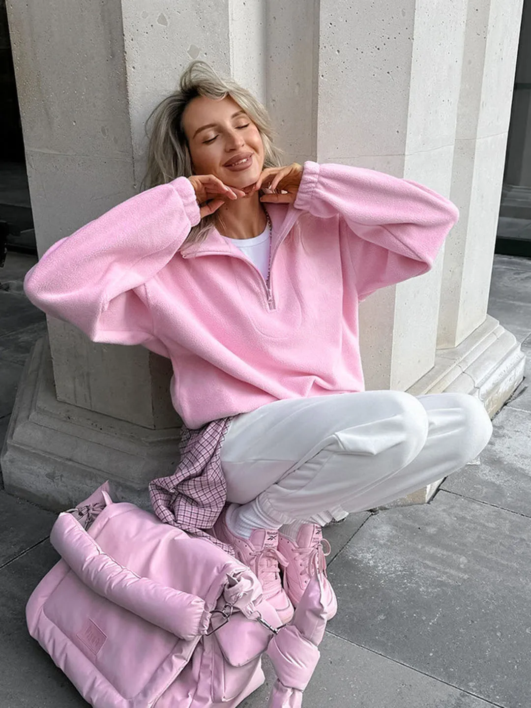 Modischer Sweatshirt mit Stehkragen aus Fleece für Damen, Herbst-Winter, einfarbig, lockerer Pullover, lässige Damenmode, halber Reißverschluss, Streetwear – Detail 11