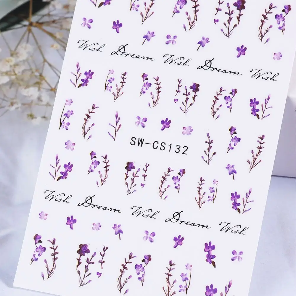 Spring Summer Purple Flower Nail Stickers Cherry Blossoms Petal Leaves Nail Decal Butterfly Charms Daisy Nail Decor