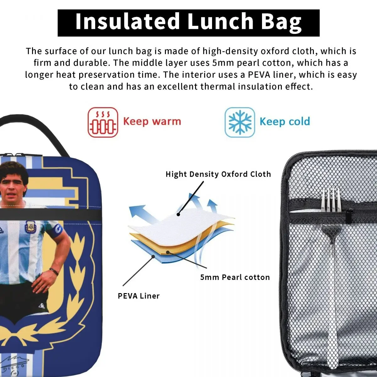 Legend Maradona Insulated Lunch Bag Cooler Bag Meal Container Diego Armando Football Soccer Tote Lunch Box Men Work Outdoor