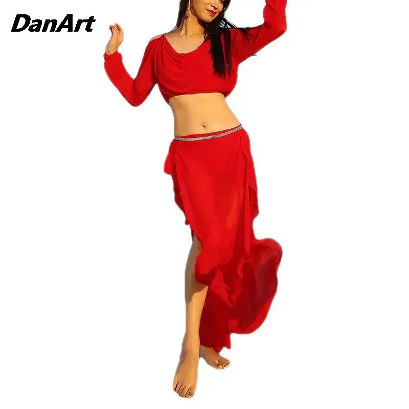 

2024 Ladies Belly Dance Costume Set Bellydance Practice Training Suit Goddess Clothing Women Sexy Top and Split Long Skirt Set