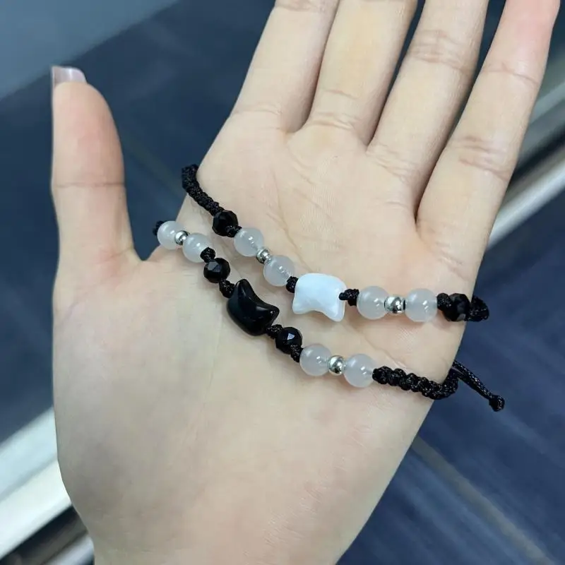 Natural Moonstone Obsidian Bracelets Couple Minimalist Bracelet Handmade Cute Black White Cat Bracelet Party Jewelry Gifts