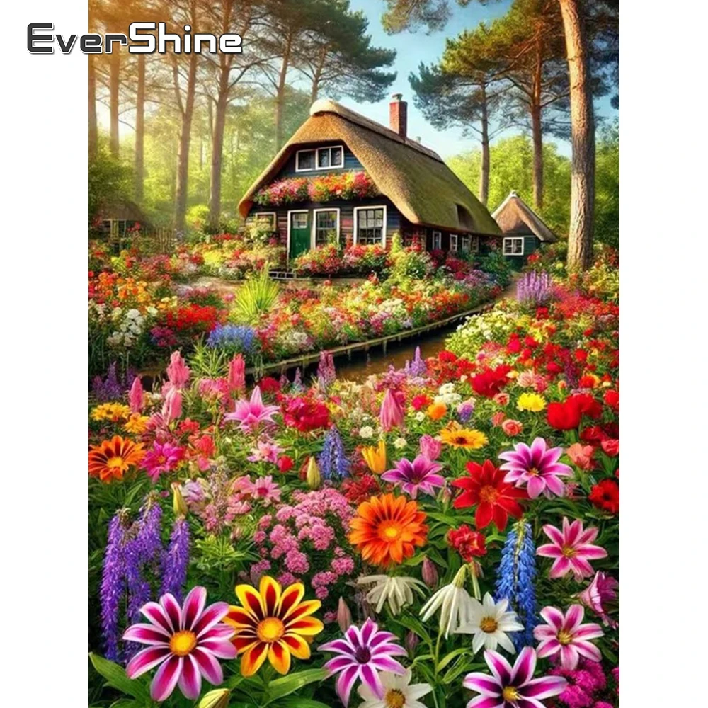Evershine Diamantmalerei Haus-Landschaft DIY Diamant-Stickerei Garten Acryl-Bastelbedarf Mosaik-Nadelarbeit Heimdekoration