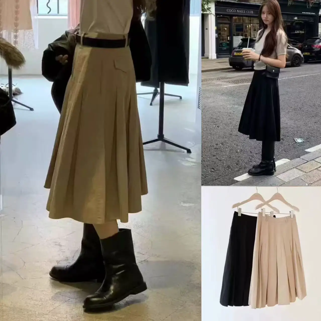 

Autumn Winter Khaki A-Line Midi Skirt Women's Vintage Sle High Waist Pleated Skirt Versatile Chiffon Material Casual Scene