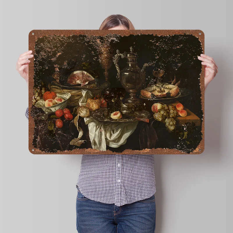 Elaborate Still Life With Food and Silverware Poster Customized Wall Art Vintage Metal Signs Retro Tin Plaque for Man Cave Decor