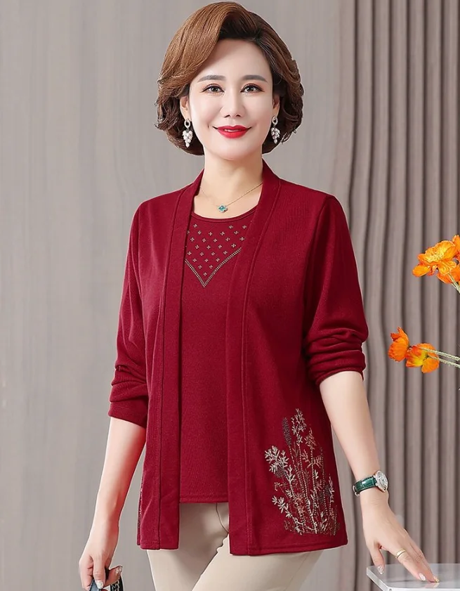 2pcs/set Embroidery Floral T-shirts Women Spring Fall Fashion Middle Age Mother Tee Shirts Femme Suit Tops