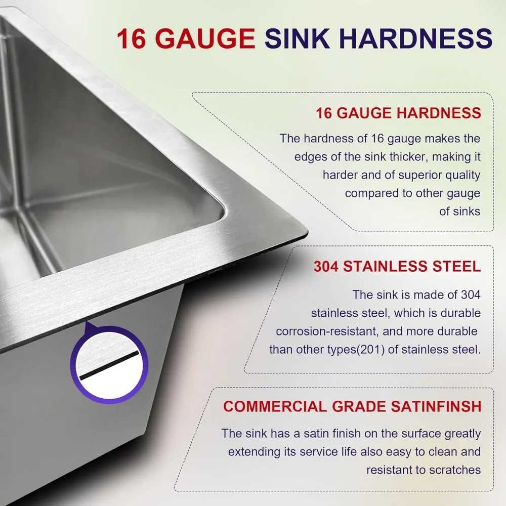 حوض مطبخ فردي من الفولاذ المقاوم للصدأ مقاس 30 بوصة - مقاس 16 بوصة، عميق، واسع، مصنوع يدويًا مع الملحقات #5