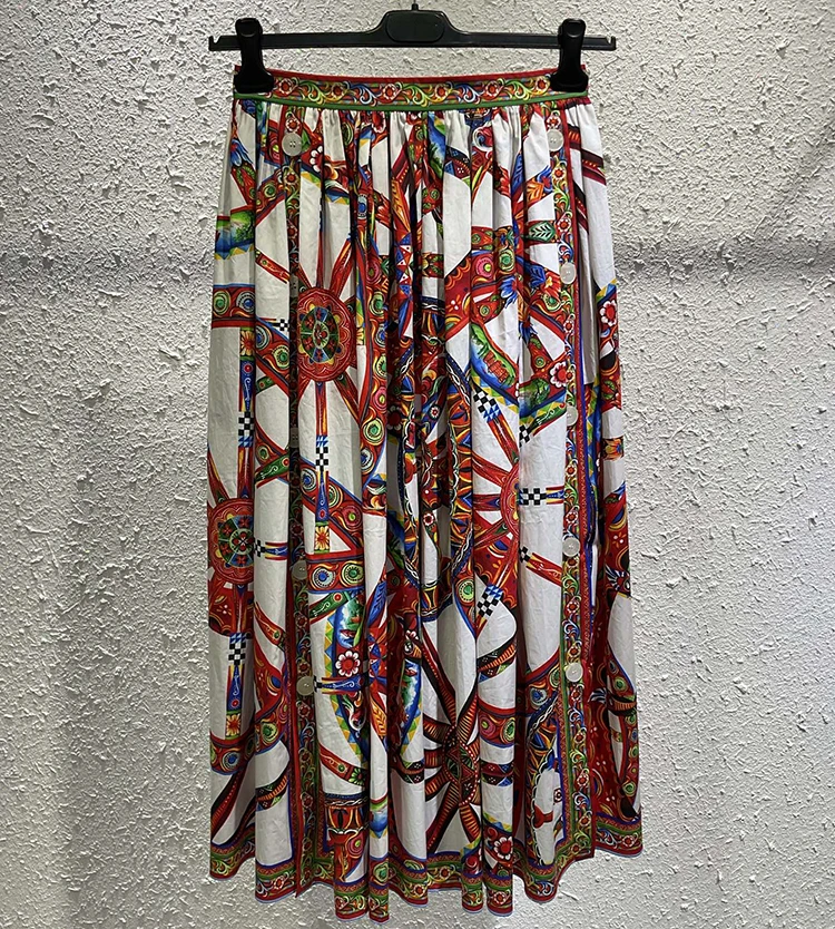 Seifrmann Casual printed cotton skirt slit on both sides button long skirt 2026 autumn fashion women's new style