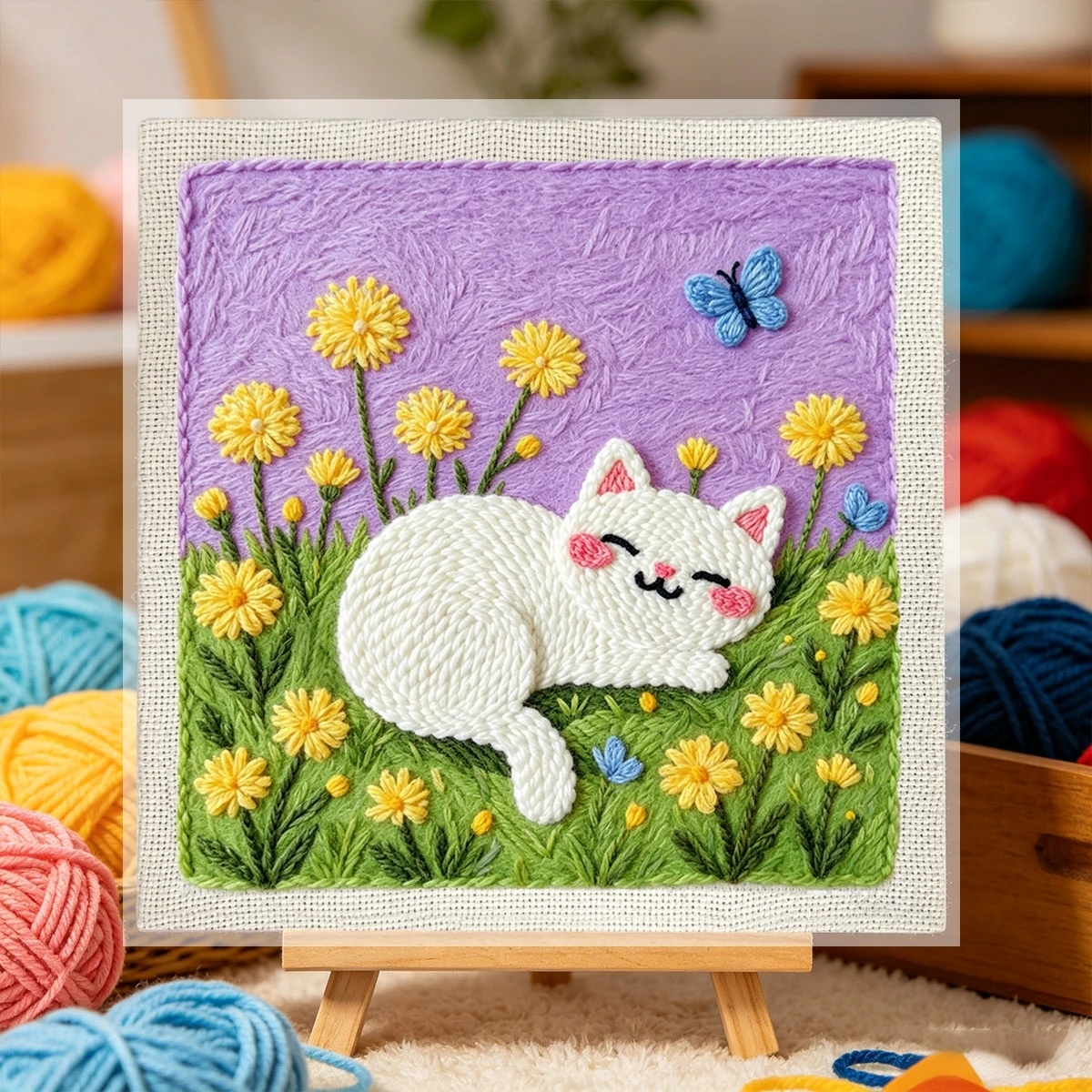1 Set Weiße Katze in Löwenzahn DIY-Stickset für Anfänger, Stick-Starter-Kit, Kreuzstich-Kunstgeschenk, Nadelarbeiten – Detail 1