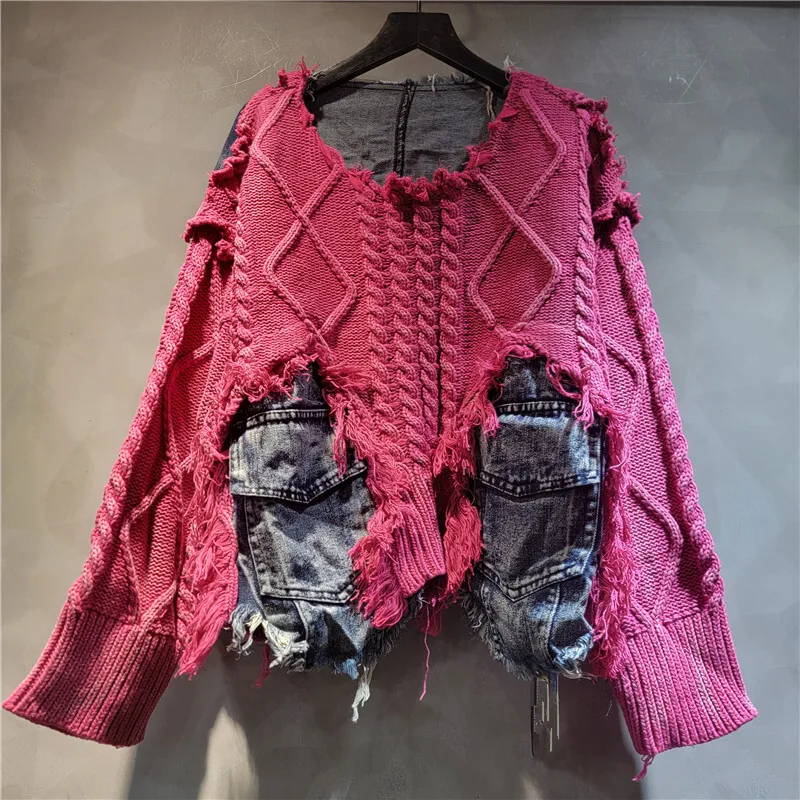 WTHT Trendy dames patchwork denim braamrand truien met lange mouwen elastische taille losse lantaarnbroek vrouwelijk 2025, herfst 1LS2565