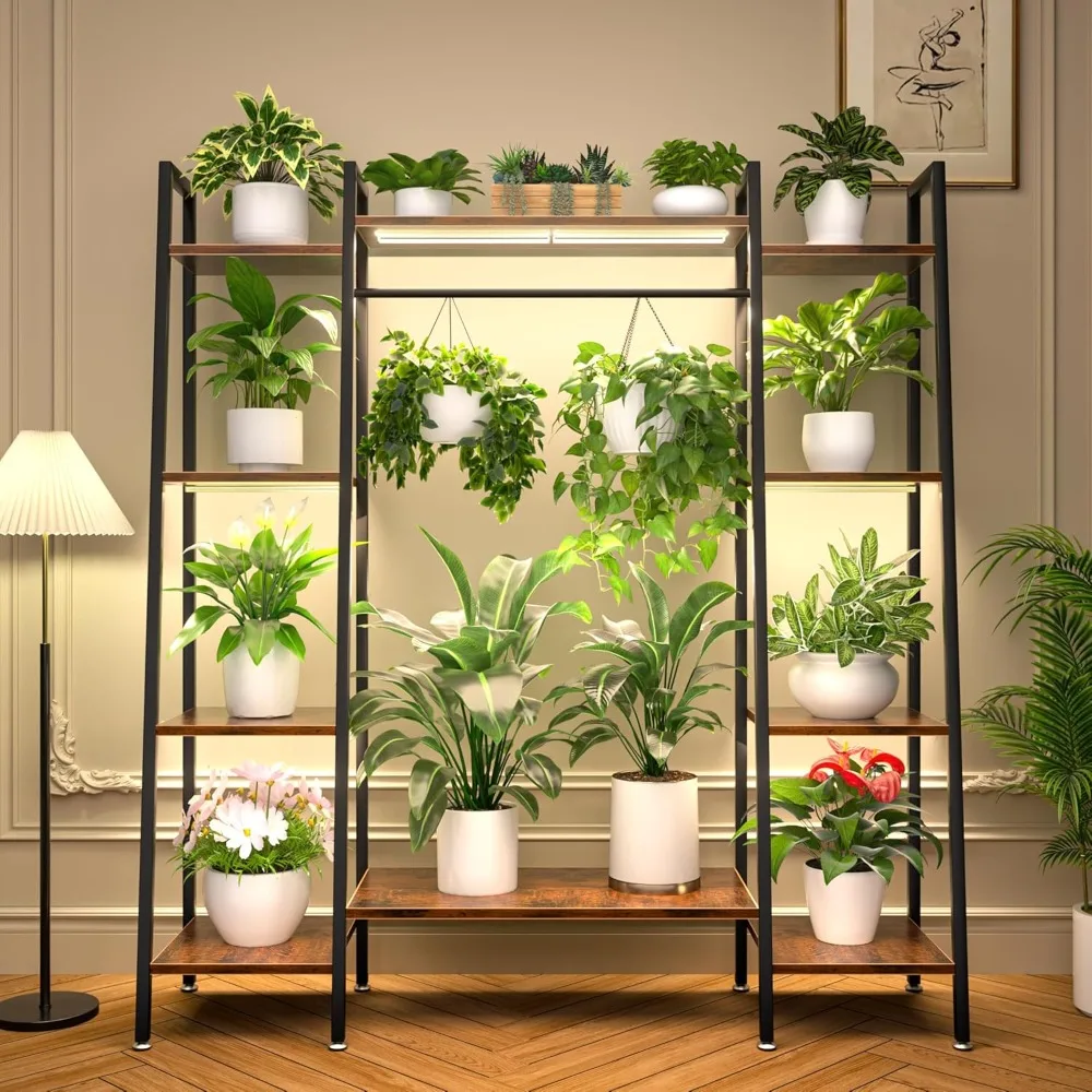 グローライト付き屋内植物スタンド、6階建て金属製植物スタンド、55インチ大型コーナーディスプレイスタンド、リビングルーム、パティオ