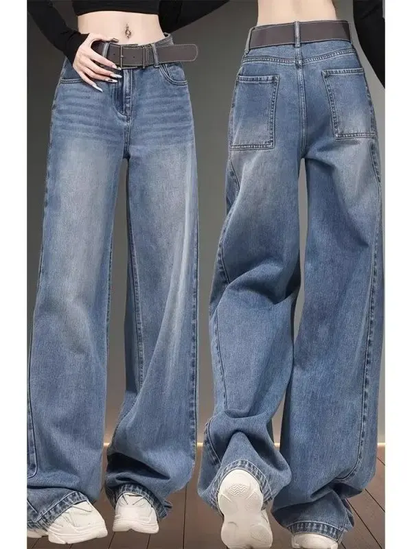 

plus Size Women's Vintage High Waist Wide Leg Jeans Loose Fitting Draping Straight Long Trousers Casual Cotton Zipper Autumn