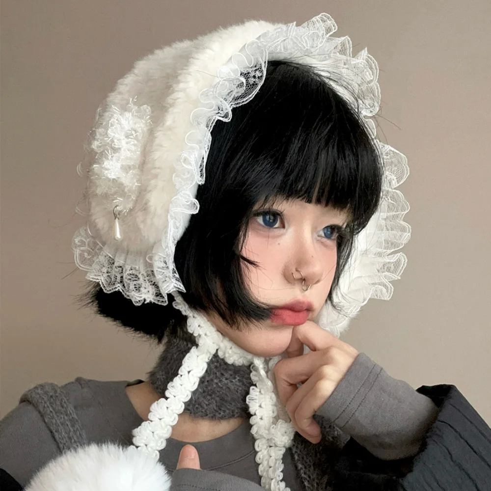 Orejeras japonesas de invierno Y2K con borde de encaje suave, orejeras cálidas para chica bonita, correa de prevención de calor y frío para estudiantes, protección para los oídos