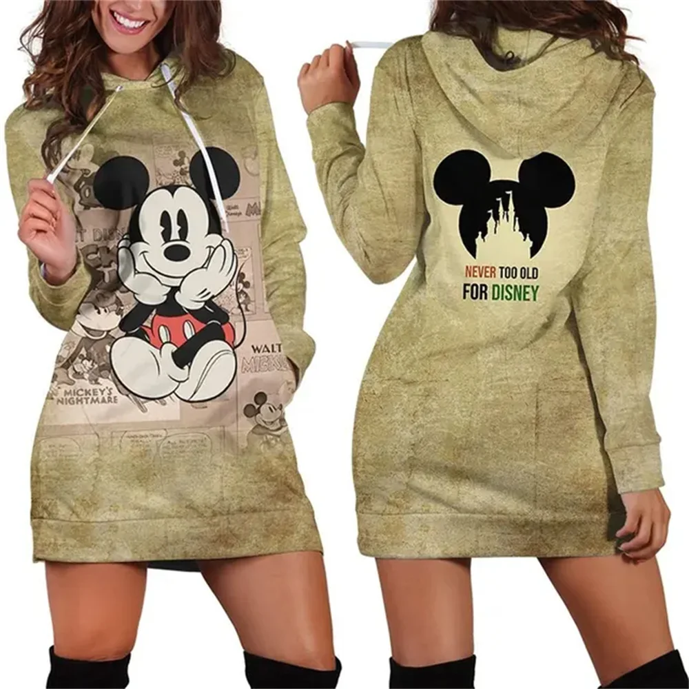 

2024 Disney New Mickey Mouse Hoodie Dress Sweater Fashion Disney Dress Sweatshirt Dress 3d Allover Printed Hoodie for Women