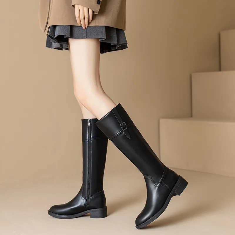 

2025 Autumn and Winter Hot Selling New Long Tube Boots Women's Side Zipper Low Heel Thick Heel Pointed Toe Women's Boots Shoes