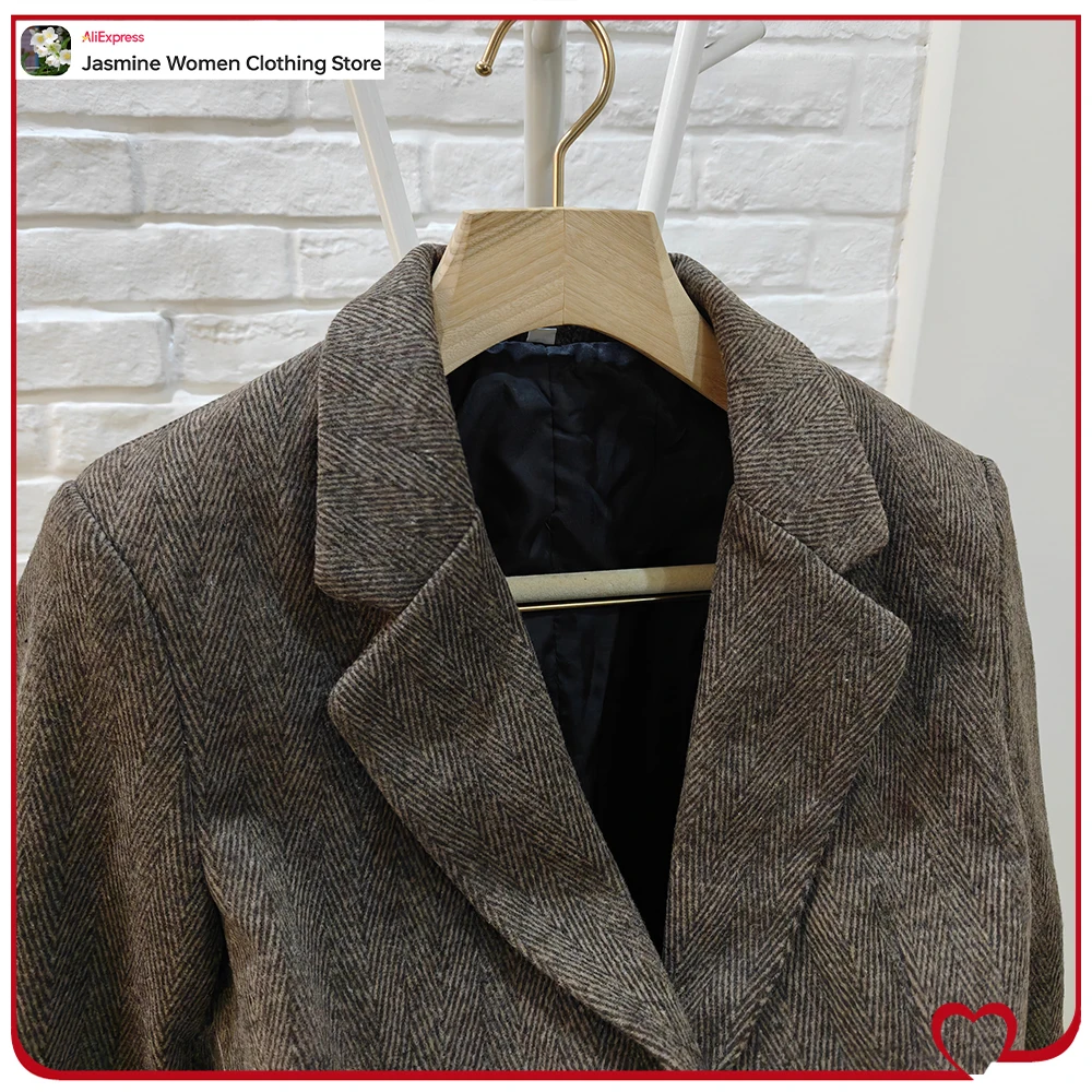 Vintage Herringbone Belted Blazers for Women Autumn Brown Suits with Belt Long Sleeve Blazer with Lapel Collar and Shoulder Pads