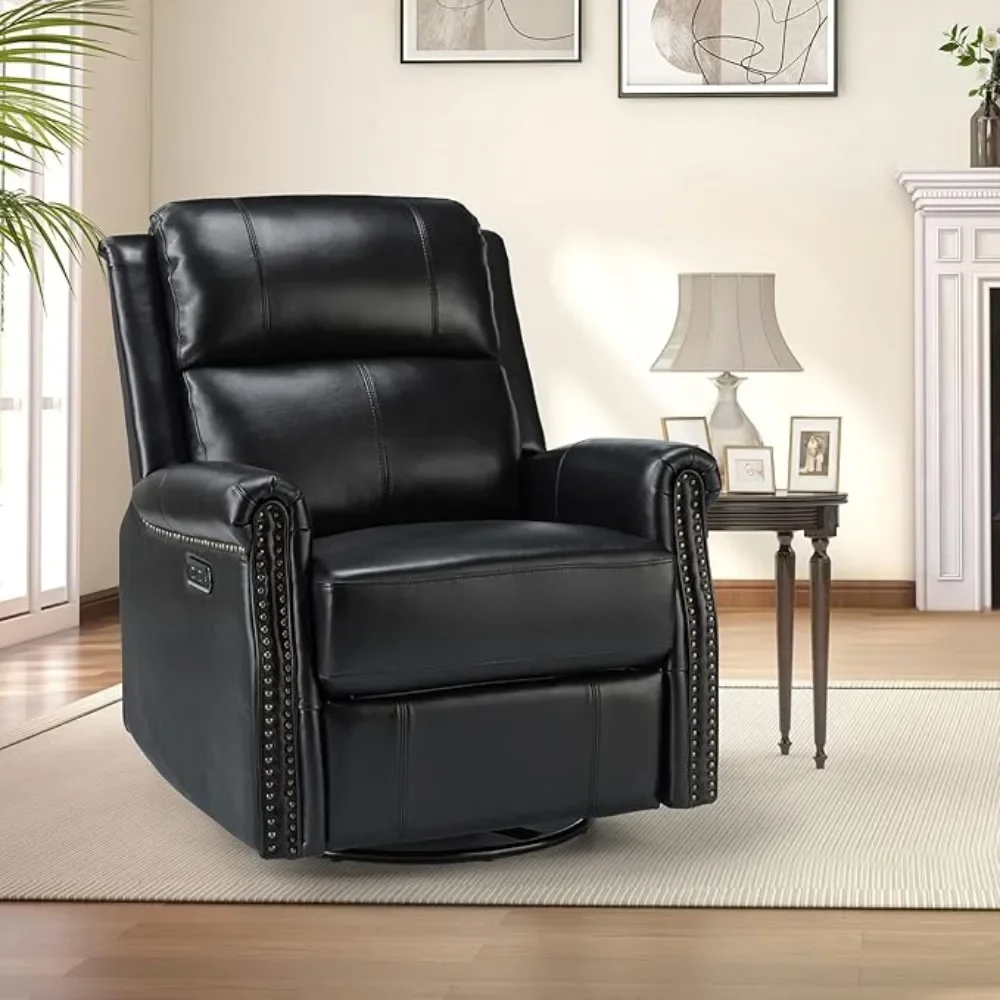 Black Genuine Leather Power Recliner Chair with USB Port,Swivel Glider Recliner with Nailhead Trim,Metal Base,Living Room Chairs